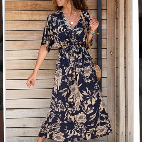 Dresses & Skirts - Navy Blue Floral V-Neck Gather Dolman Sleeve Maxi Dress
